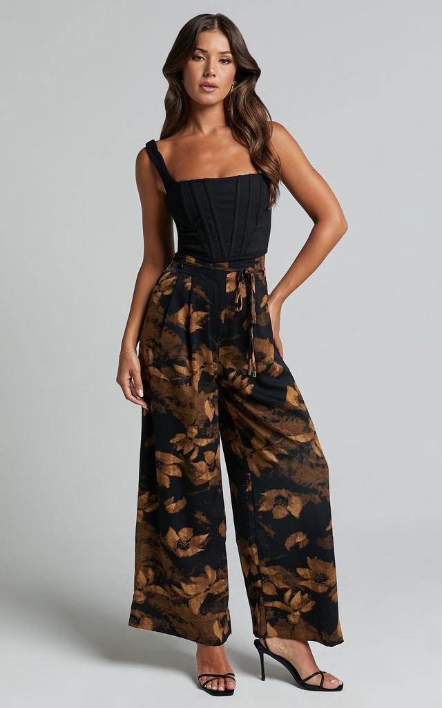 Etta Pants - High Waist Wide Leg Satin Pants in Amber Floral Print Product Image