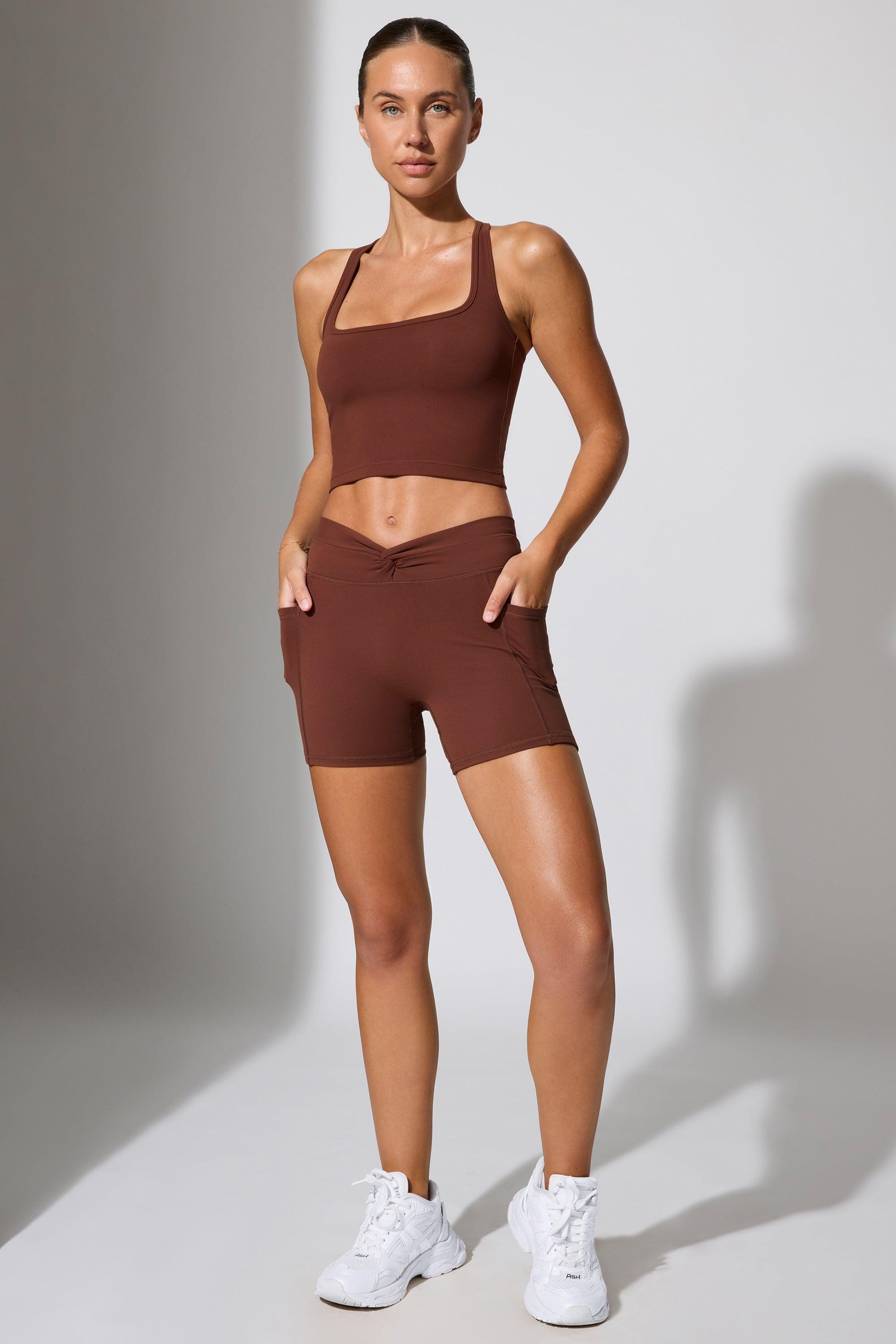 Twist Waist Mini Shorts with Pockets in Chocolate Product Image