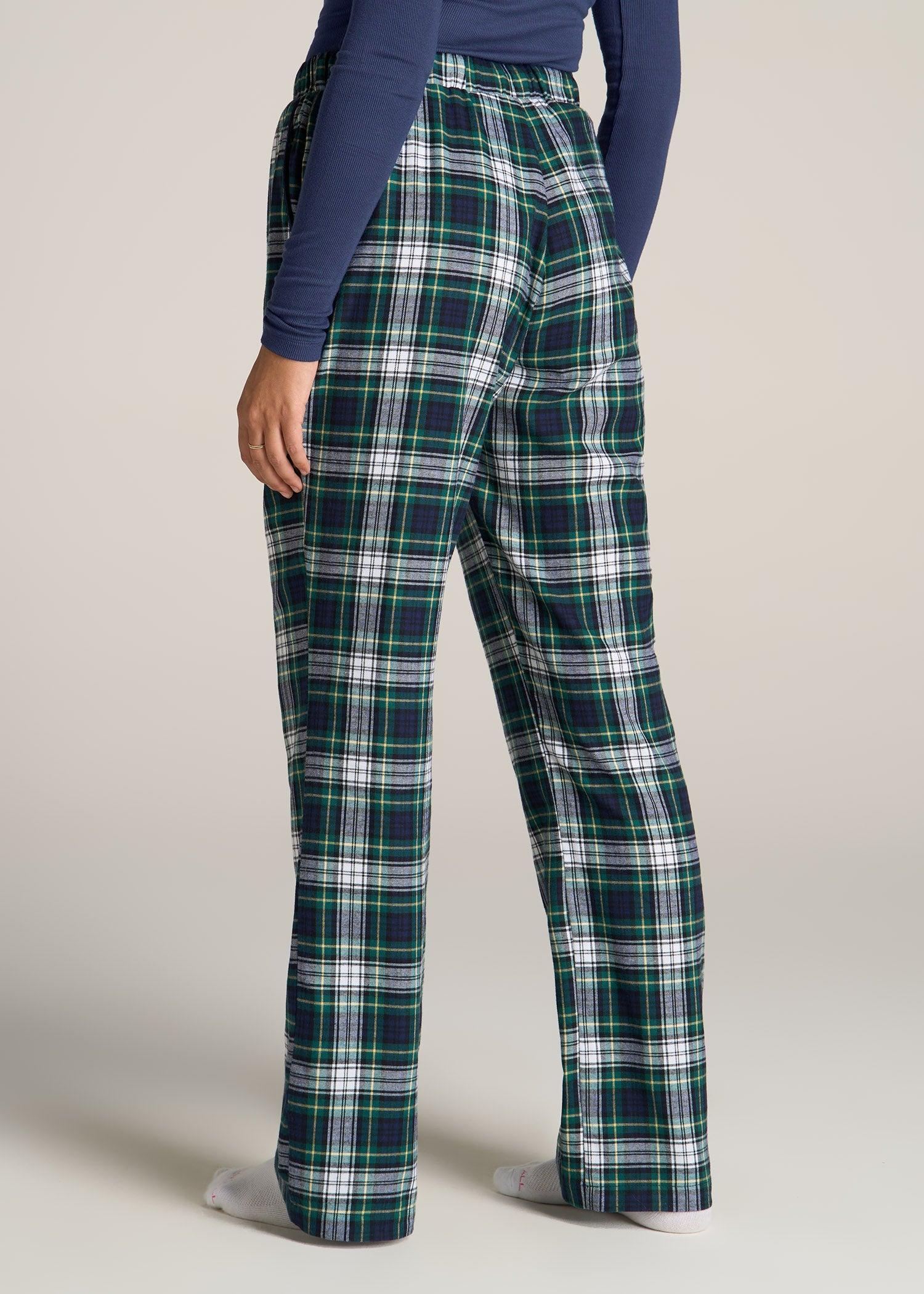 Open-Bottom Flannel Women's Tall Pajama Pants in Green and Navy Tartan Female Product Image