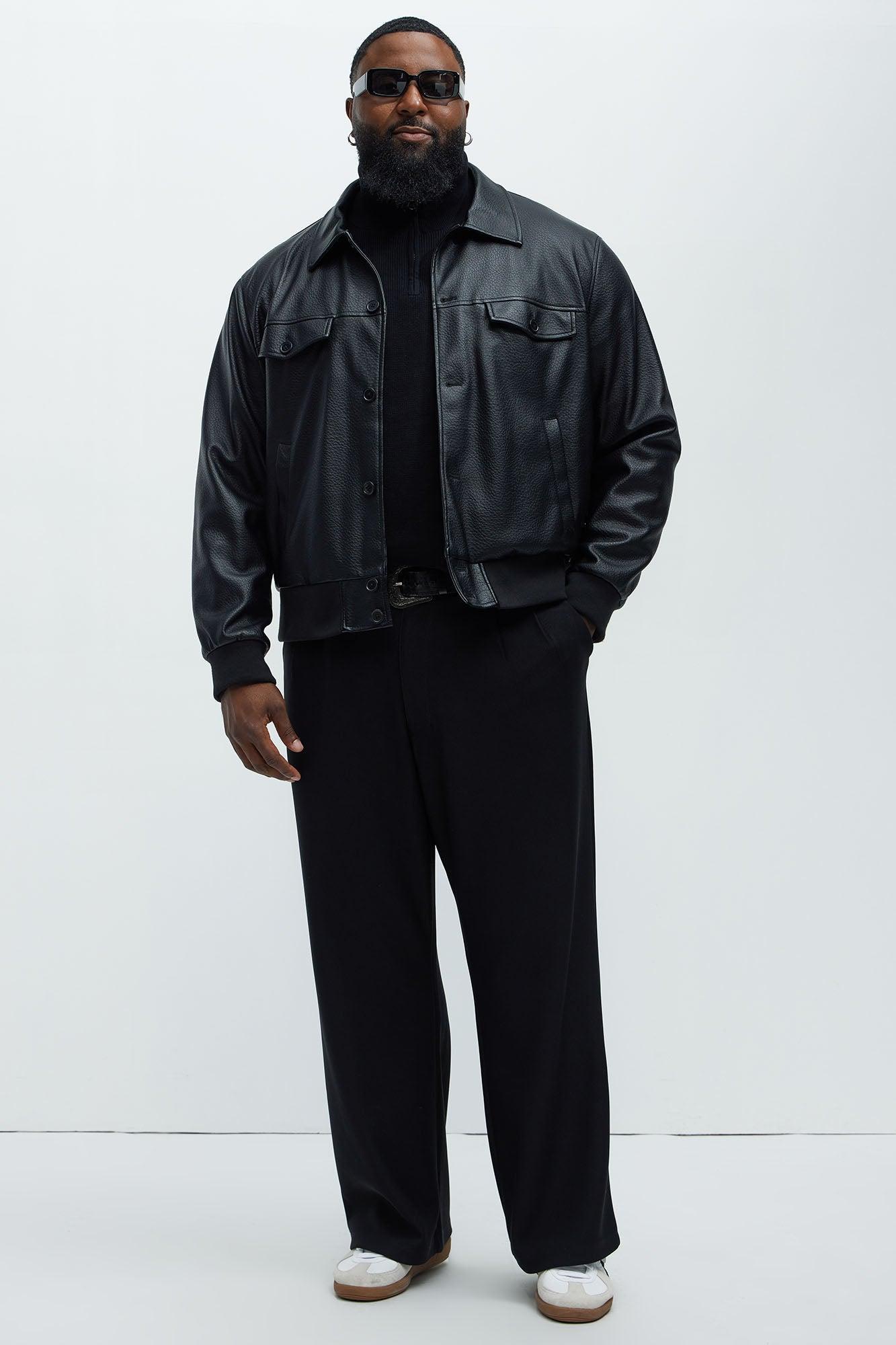 Carver Faux Leather Collar Bomber Jacket - Black Product Image