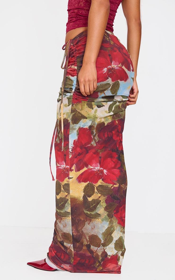 Red Rose Print Ruched Side Maxi Skirt Product Image