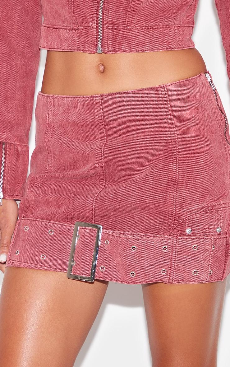 Washed Red Buckle Detail Denim Mini Skirt Product Image