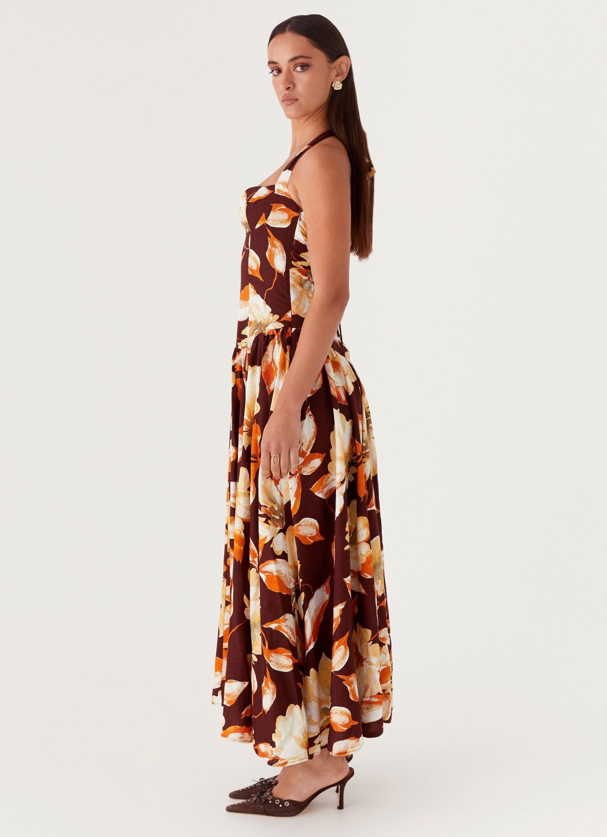 Dahlia Linen Maxi Dress - Brown Floral Product Image