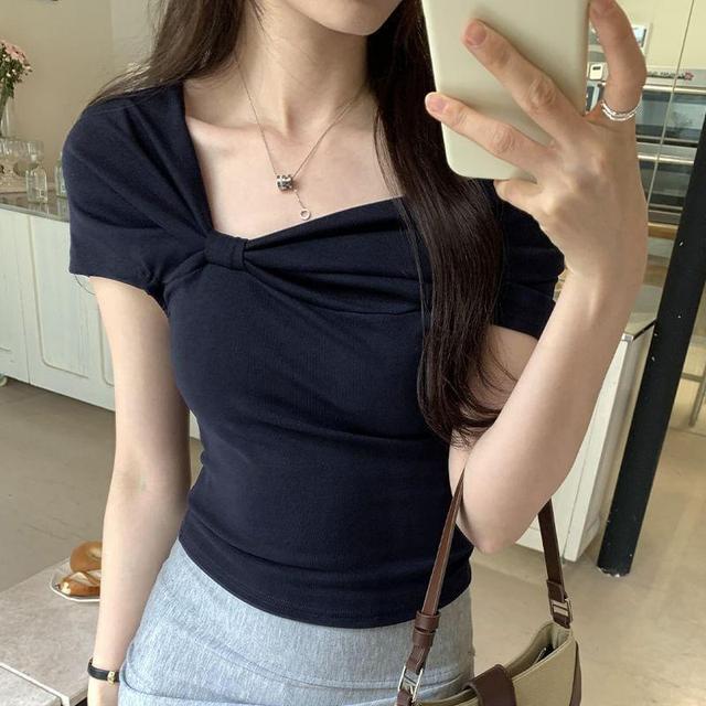 Short-Sleeve Off-Shoulder Plain Crop Top Product Image