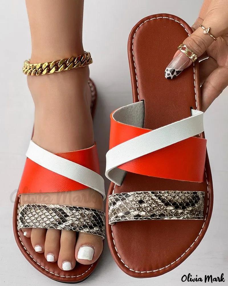 Olivia Mark – Chic Snakeskin Colorblock Slip-On Sandals with Cross Strap Design Product Image