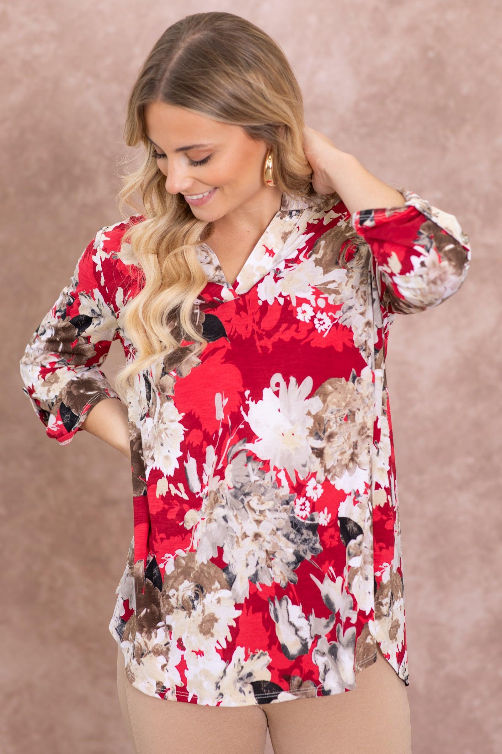 Red And Beige Floral Wrinkle Frees Lizzy Top Product Image