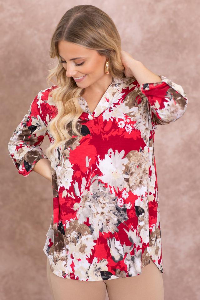 Red And Beige Floral Wrinkle Frees Lizzy Top Product Image