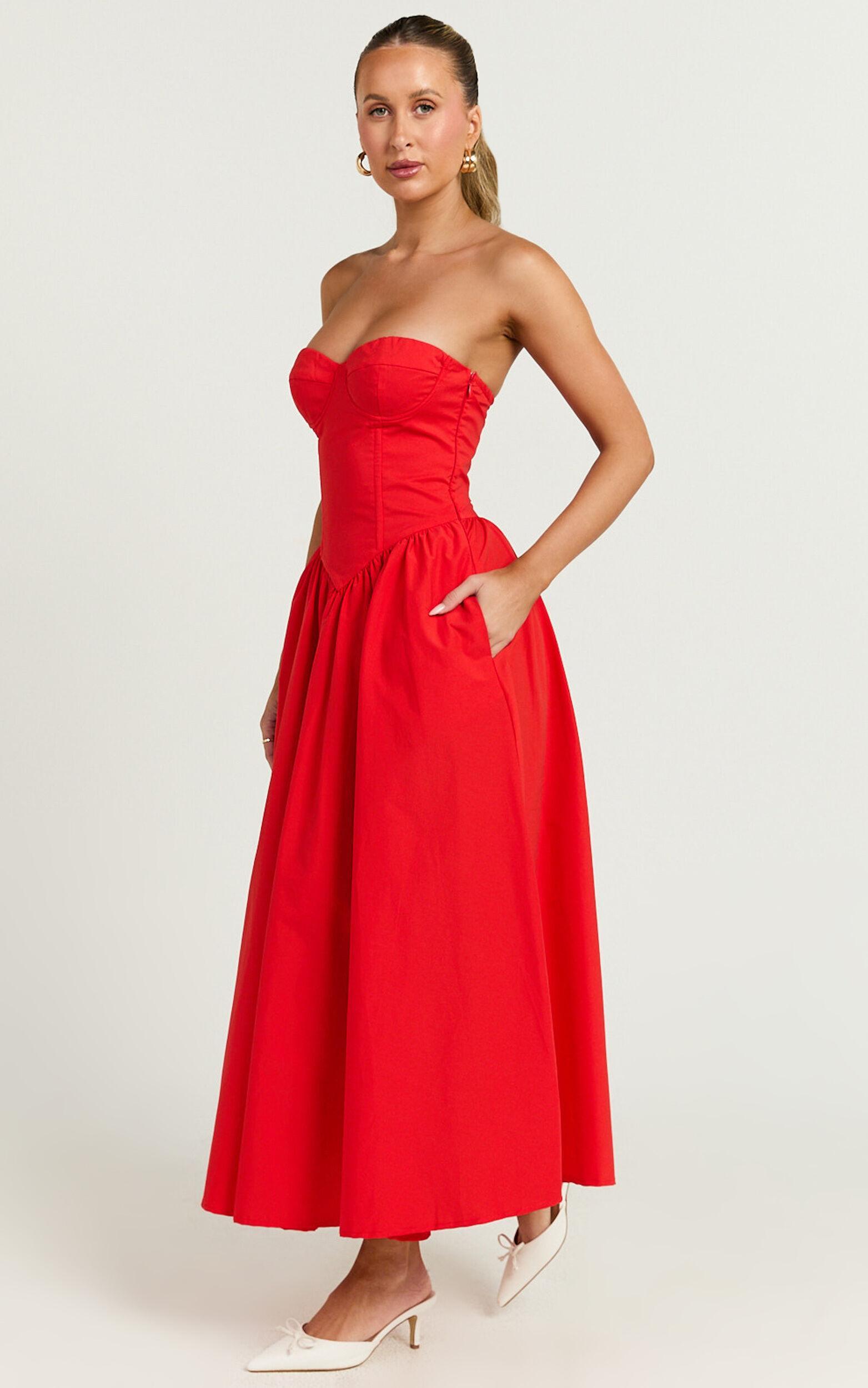 Daria Midi Dress - Strapless Corset Gathered Dress in Red Product Image