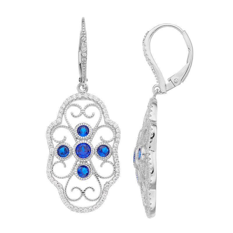 Sterling Silver Blue & Clear Cubic Zirconia Filigree Drop Earrings, Womens Product Image