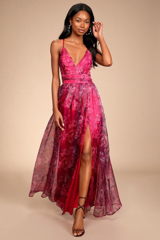 Romance That Wows Magenta Floral Print Organza Maxi Dress Product Image