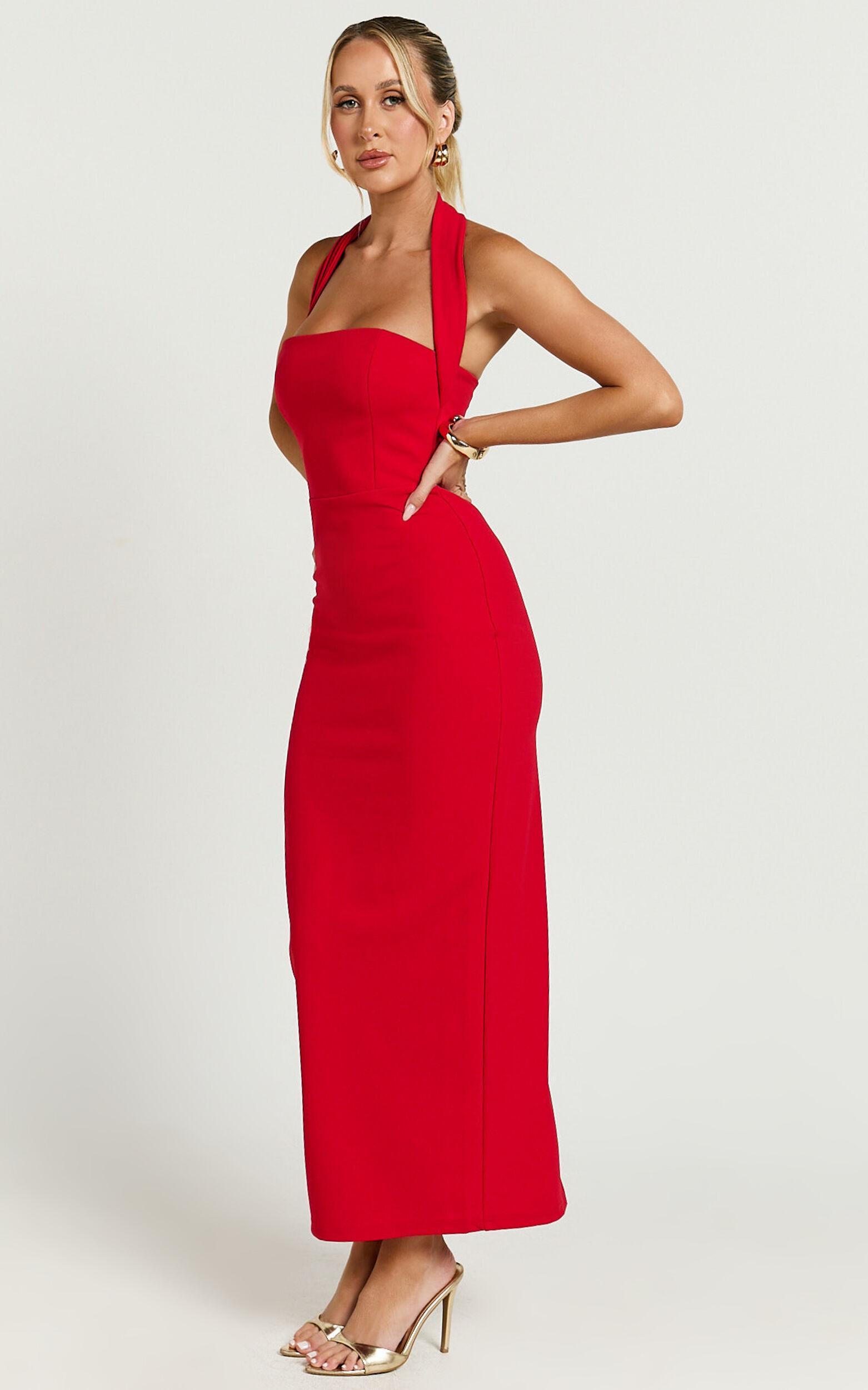 Salome Midi Dress - Halter Neck Column Dress in Red Product Image