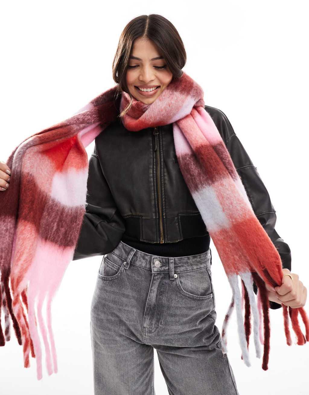 Pieces super soft tassel scarf in fall warm plaid Product Image