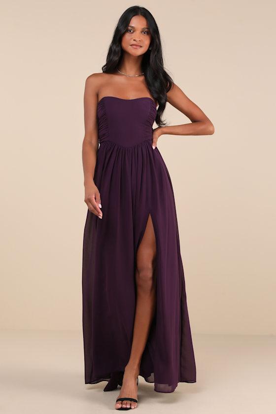 Luxe Favorite Dark Purple Strapless Ruched Maxi Dress product image