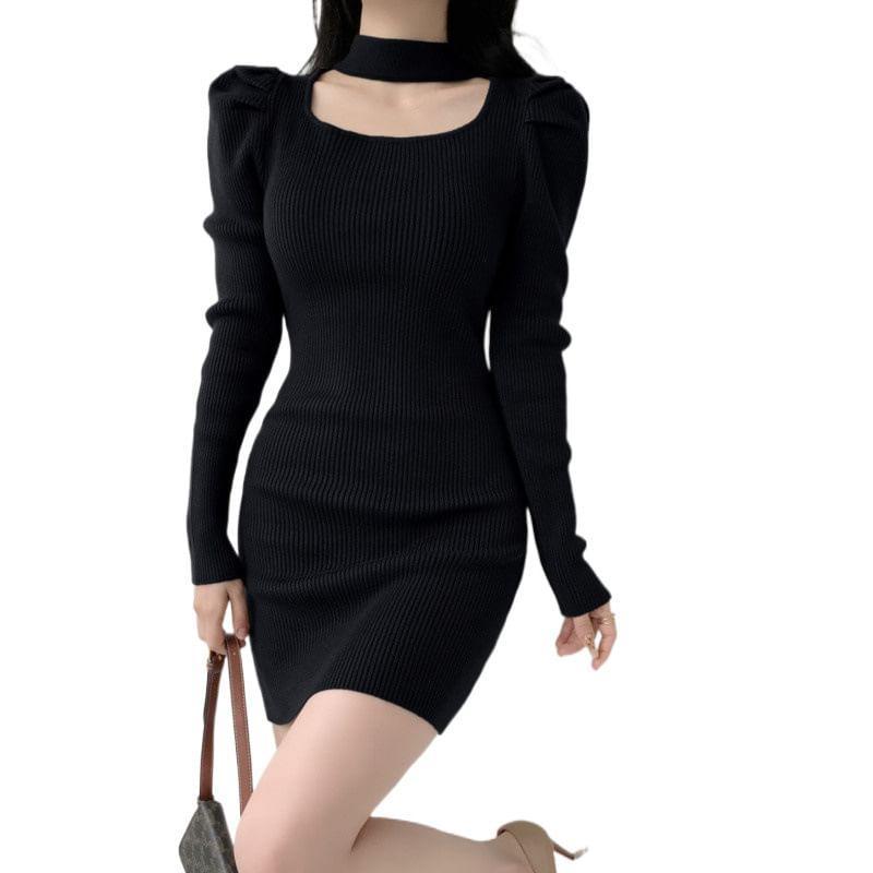 Long-Sleeve Mock Neck Plain Cutout Ribbed Mini Sheath Knit Dress Product Image