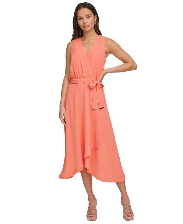 Dkny Womens Faux-Wrap Sleeveless Tie-Waist Midi Dress Product Image