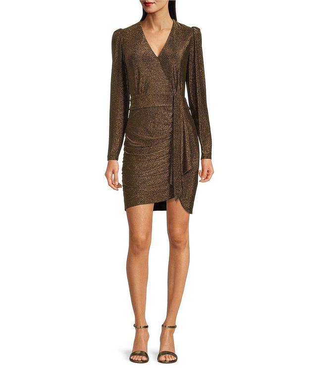 Alex Marie Chrissy Metallic Knit Surplice V-Neck Long Sleeve Faux Wrap Dress Product Image