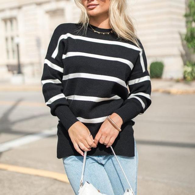 Crushing On You Black And Ivory Striped Crew Neck Sweater Product Image