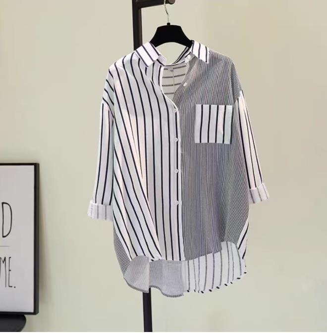 Elbow-Sleeve Striped Button-Up Shirt Product Image