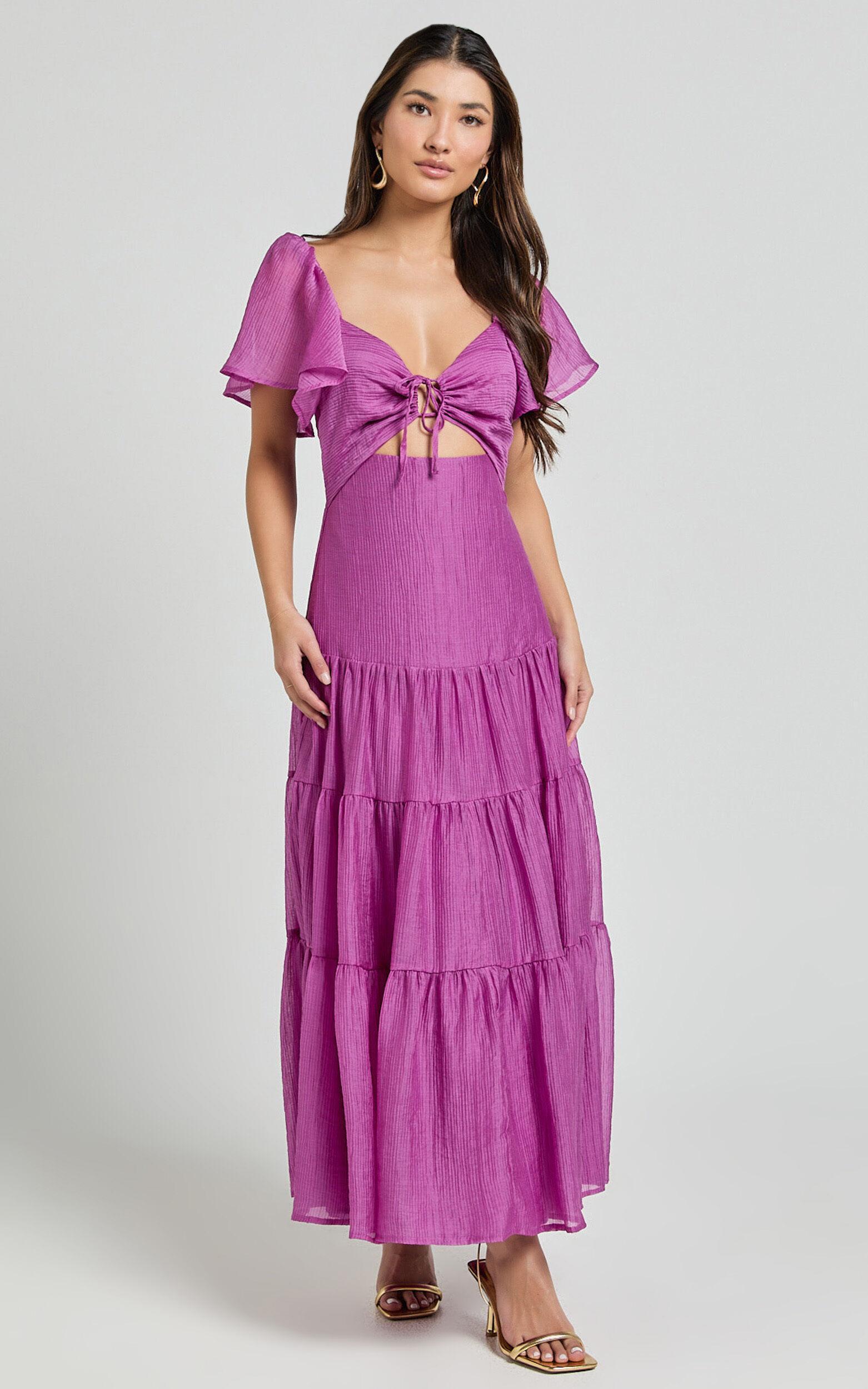 Patricia Midi Dress - Flutter Sleeve Tie Front Tiered Dress in Orchid Product Image