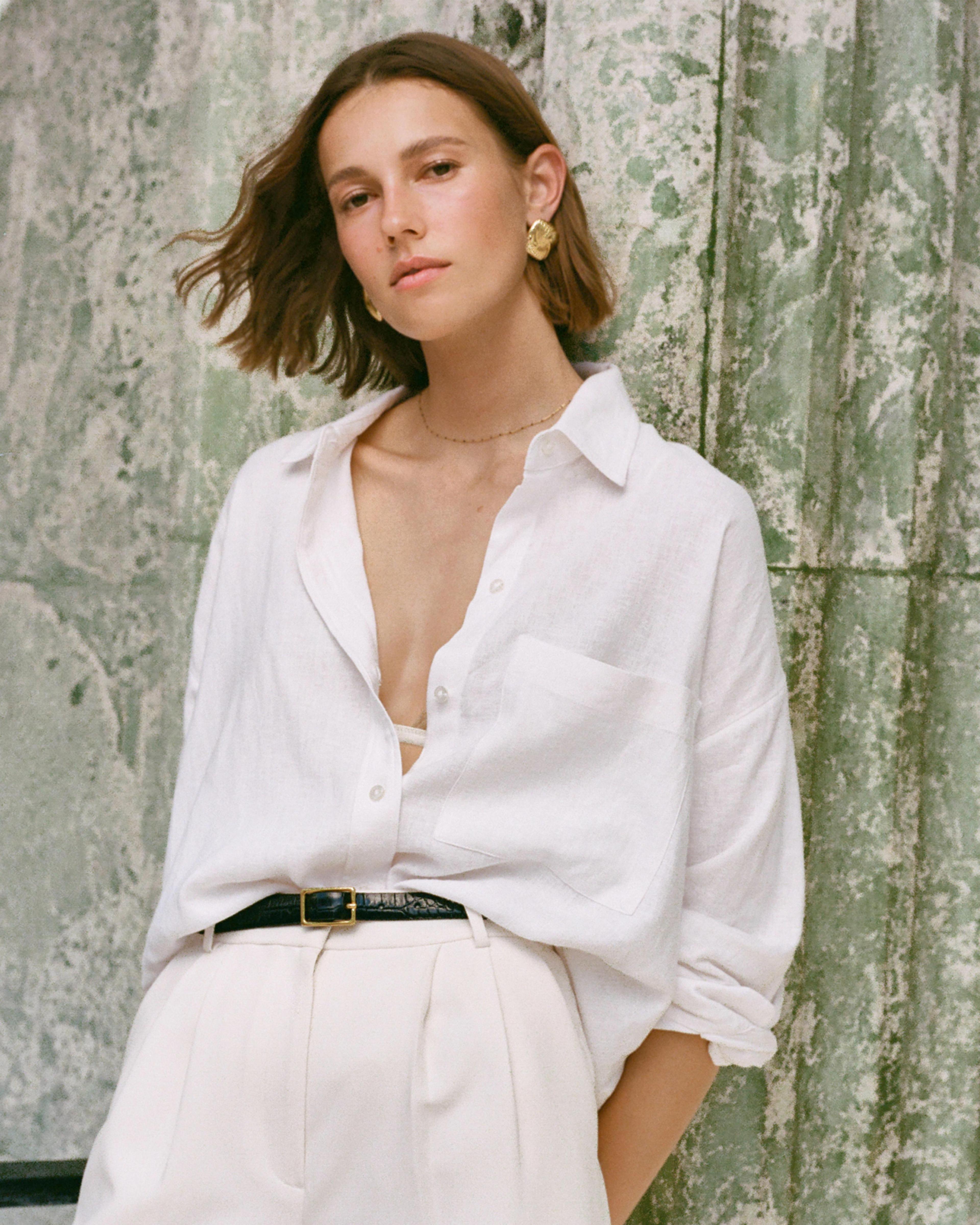 Oversized Linen-Blend Step Hem Shirt Product Image