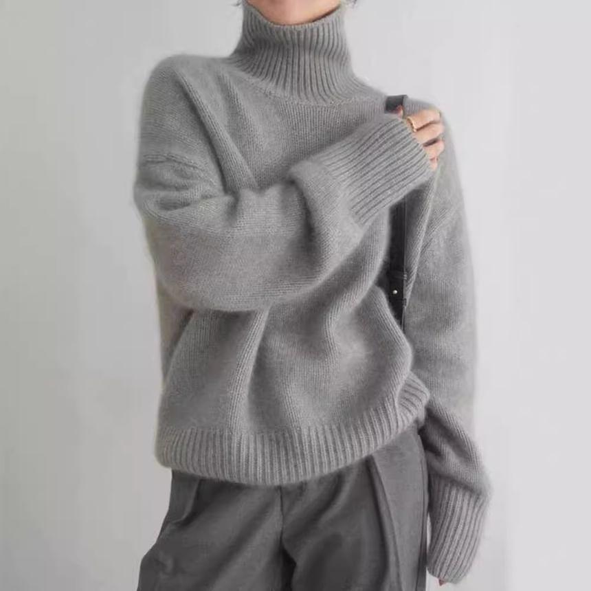 Long-Sleeve High Neck Plain Sweater Product Image