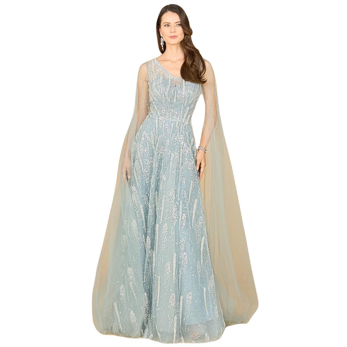 Lara Womens Lace Gown with Cape Sleeves and V-neckline Product Image