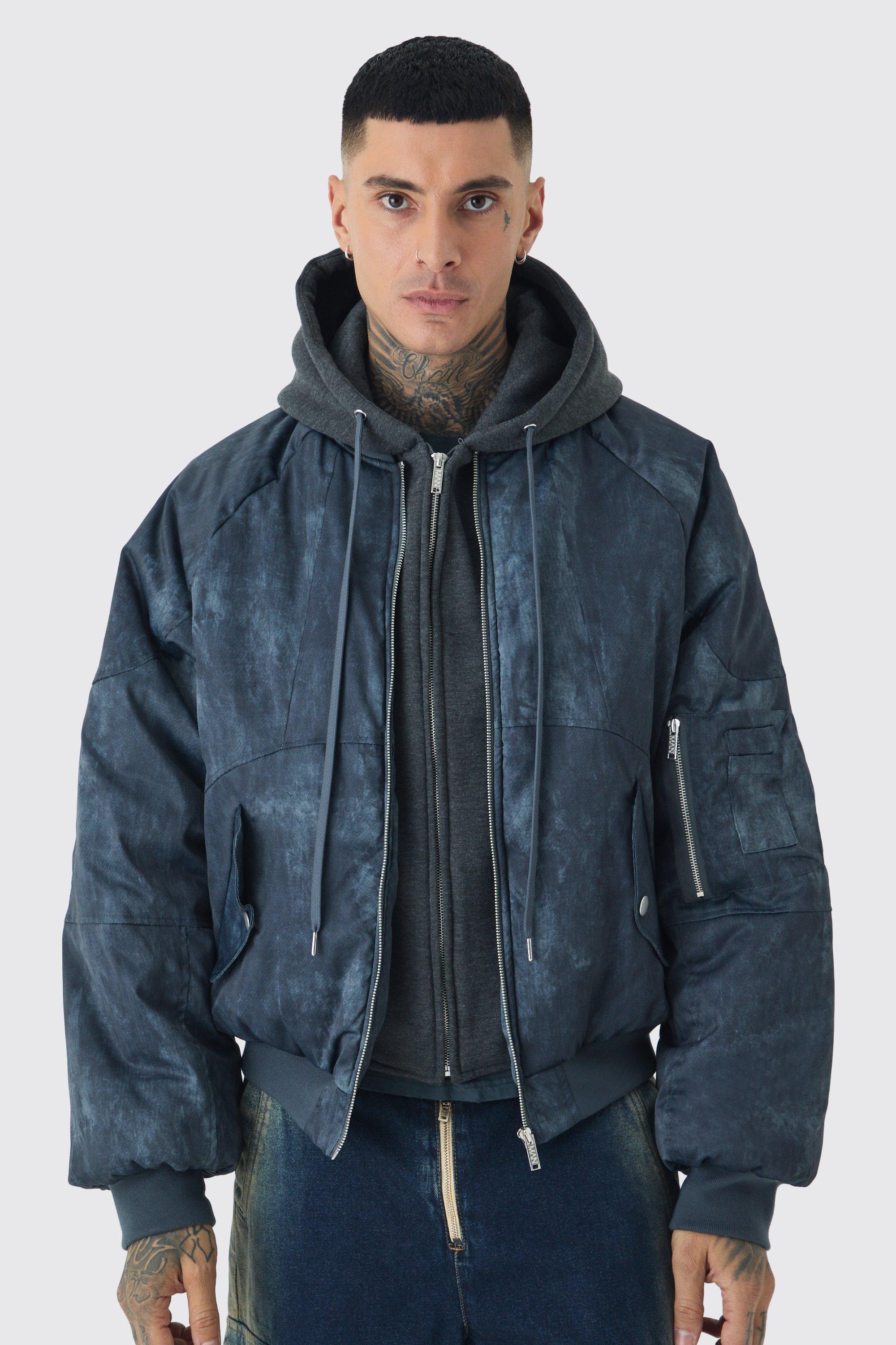 Tall Boxy Washed Padded Hooded Bomber Jacket In Black | boohooMAN USA Product Image