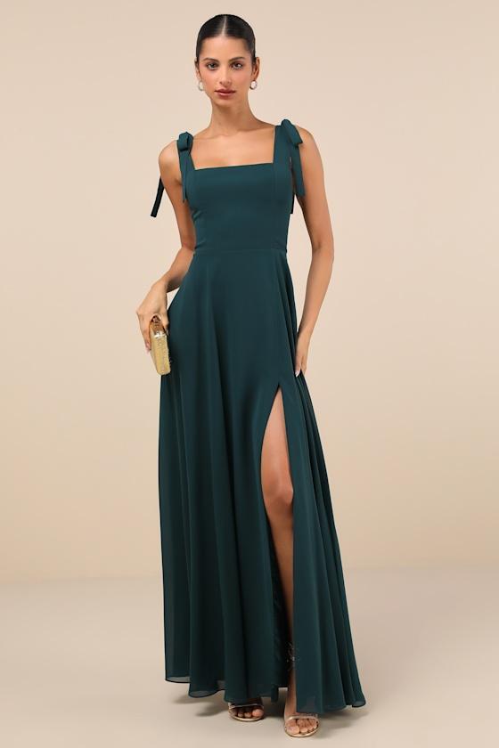 Love Me Forever Emerald Green Tie-Strap Square Neck Maxi Dress Product Image