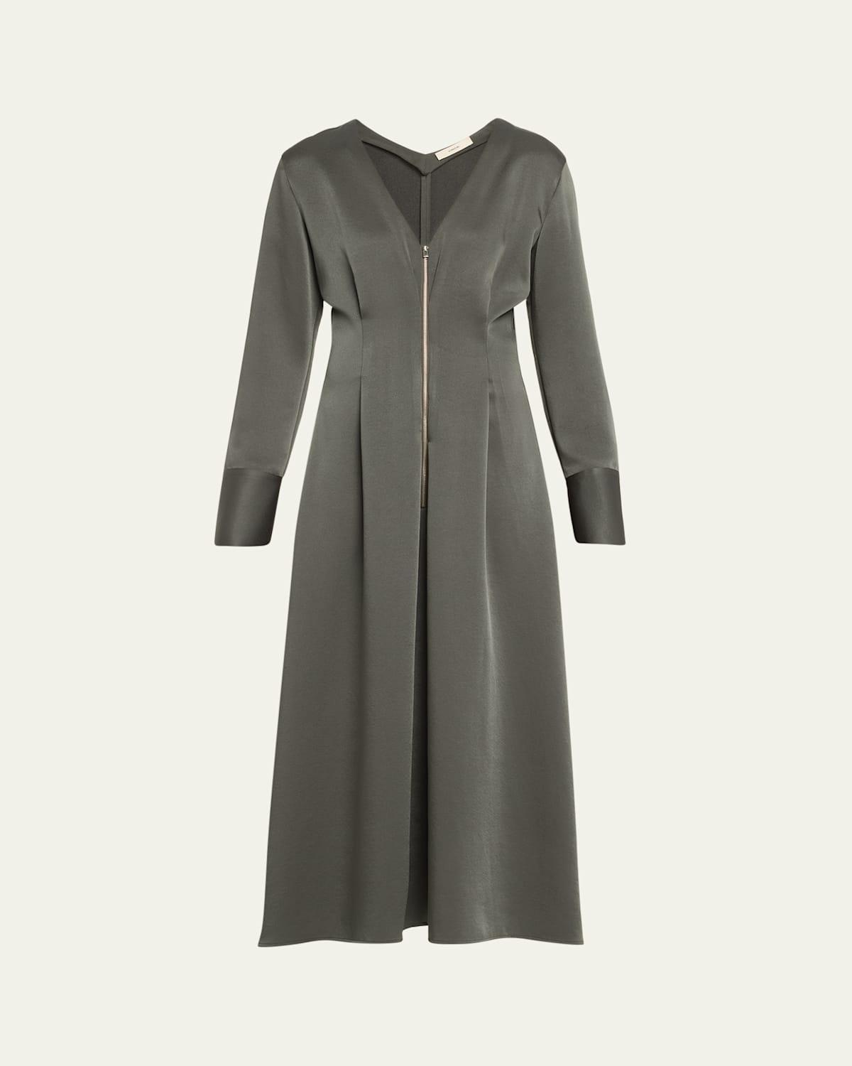 Zip-Front Long-Sleeve Midi Dress Product Image