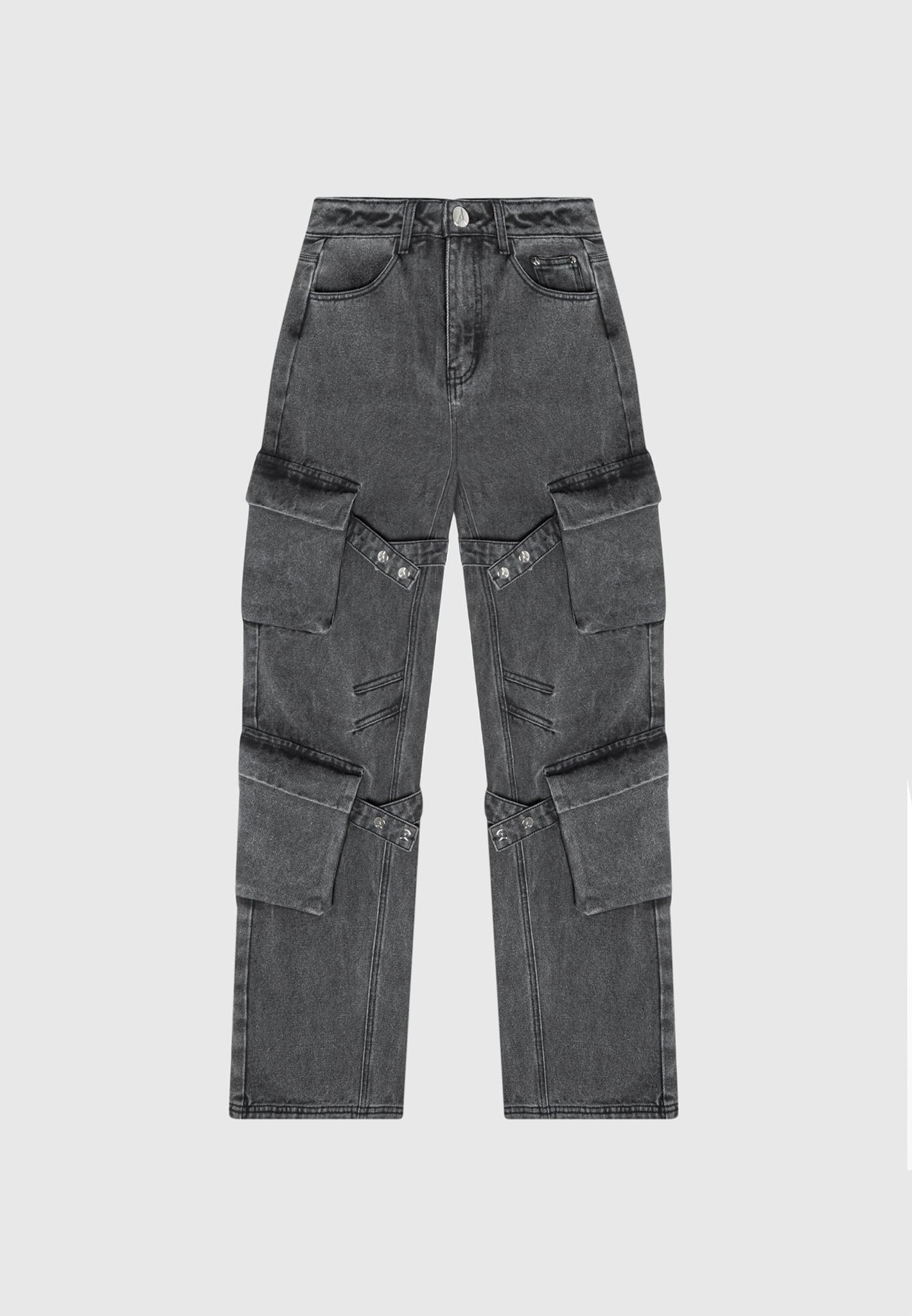 Strap Detail Cargo Jeans - Washed Grey Female Product Image