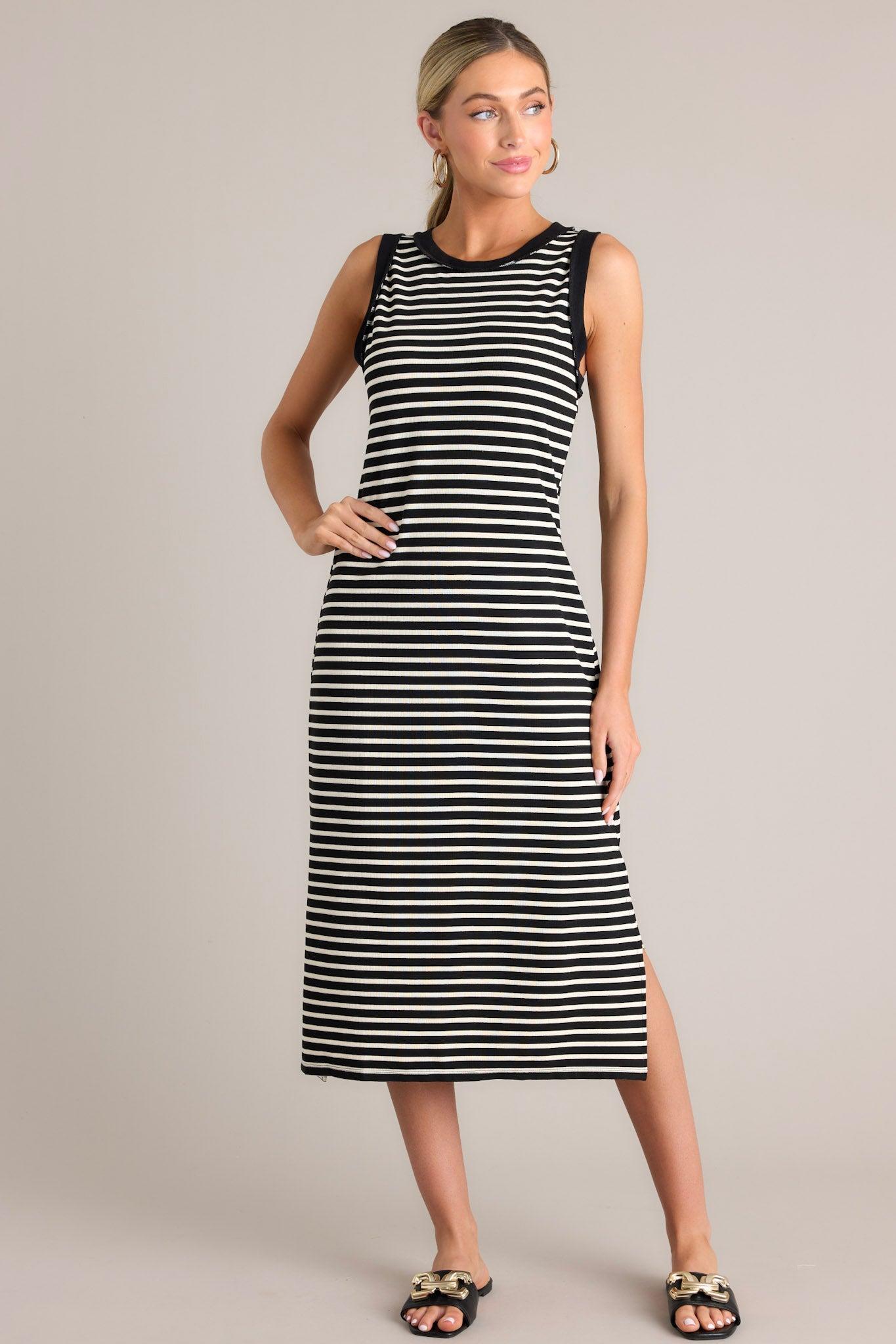 Classic Contrast Black Stripe Midi Dress Product Image