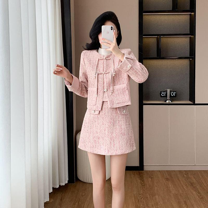 Set: Tweed Frog Buttoned Jacket + High Waist Mini A-Line Skirt Product Image