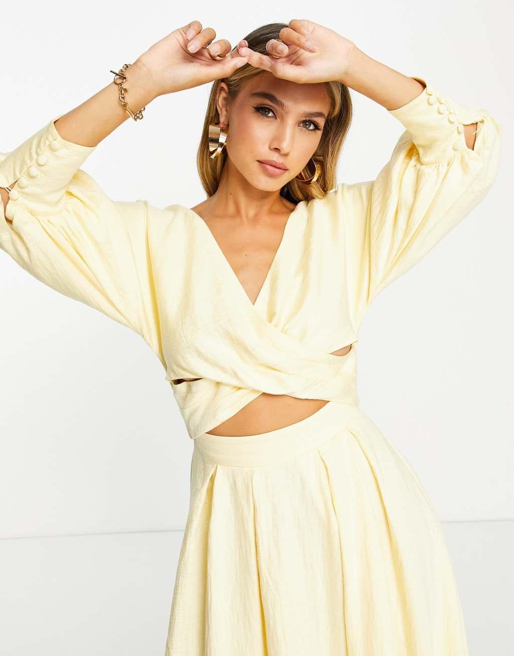 ASOS EDITION wrap bodice midi dress with full skirt in lemon Product Image