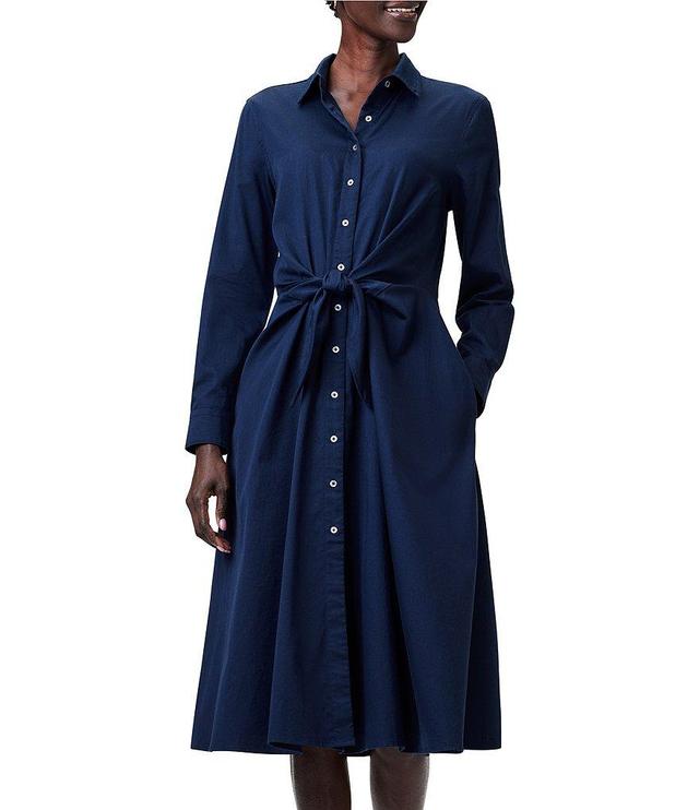 NIC + ZOE Jessie Woven Stretch Point Collar Long Sleeve Tie Front Pocketed Button Front A-Line Midi Shirt Dress Product Image