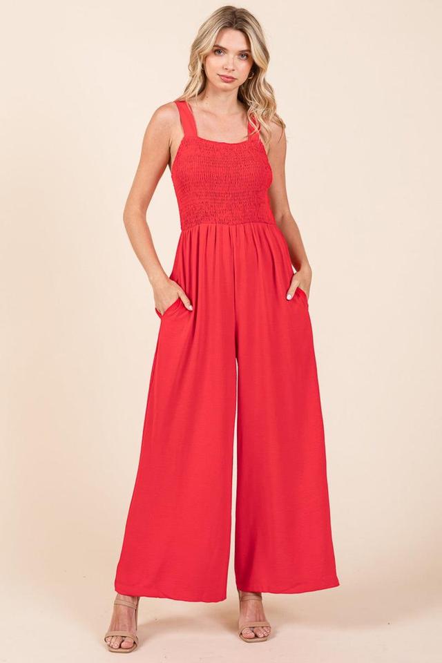 Smocked Strap Wide Leg Pleated Jumpsuit Product Image