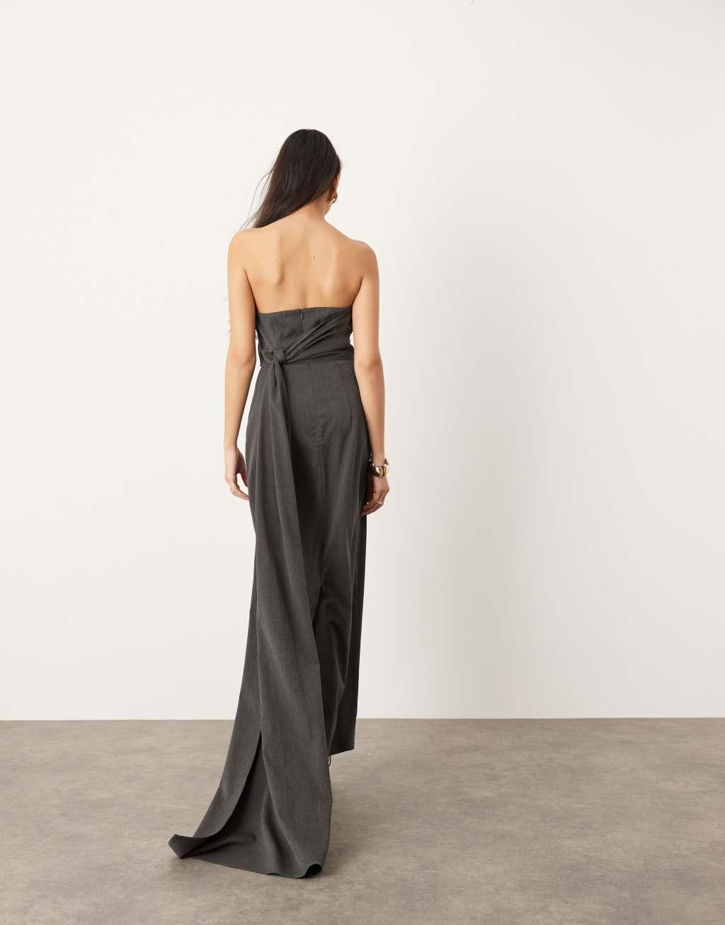 ASOS EDITION tailored asymmetric neck bandeau maxi dress with train in charcoal gray Product Image