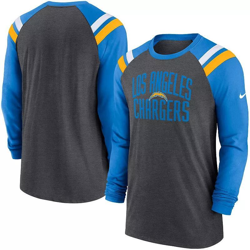 Men's Nike Heathered Charcoal/Powder Blue Los Angeles Chargers Tri-Blend Raglan Athletic Long Sleeve Fashion T-Shirt Product Image