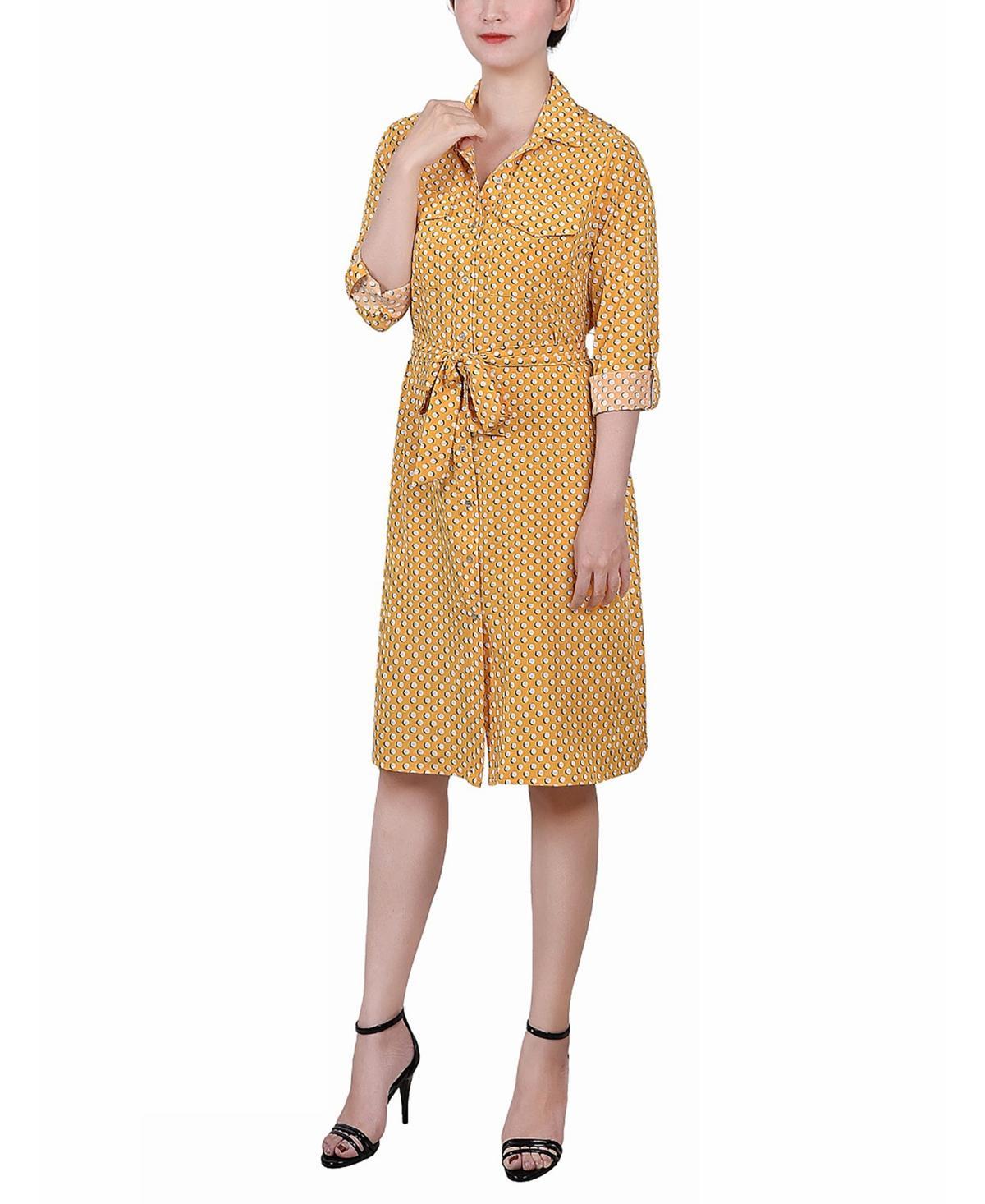 Ny Collection Petite Geometric Printed Long Sleeve Roll Tab Shirtdress Product Image