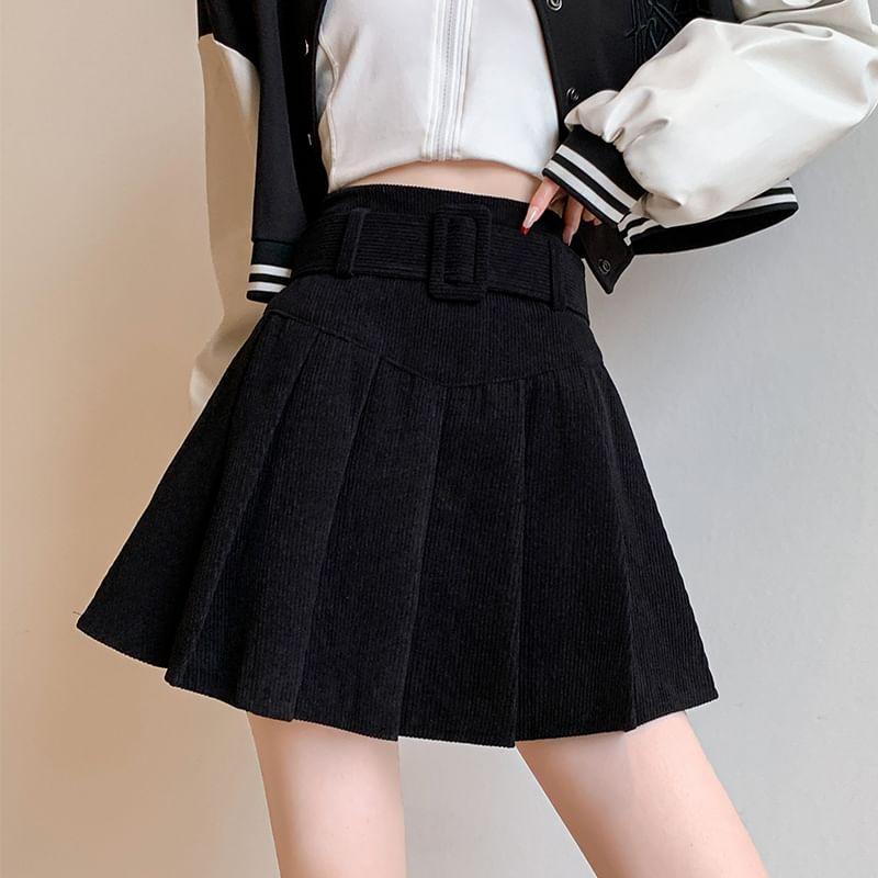 High Waist Corduroy Plain Mini Pleated A-Line Skirt Product Image