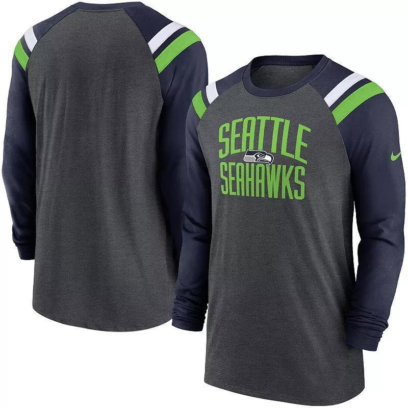 Mens Nike Heathered Charcoal/College Navy Seattle Seahawks Tri-Blend Raglan Athletic Long Sleeve Fashion T-Shirt Grey Product Image