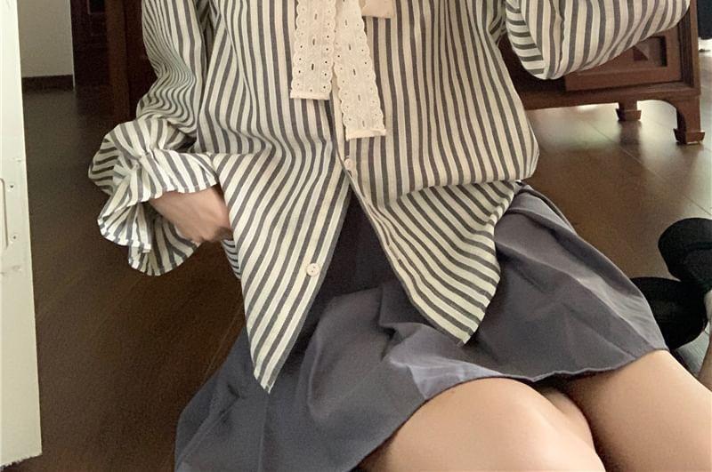 Long Sleeve Tie Neck Striped Panel Blouse Product Image