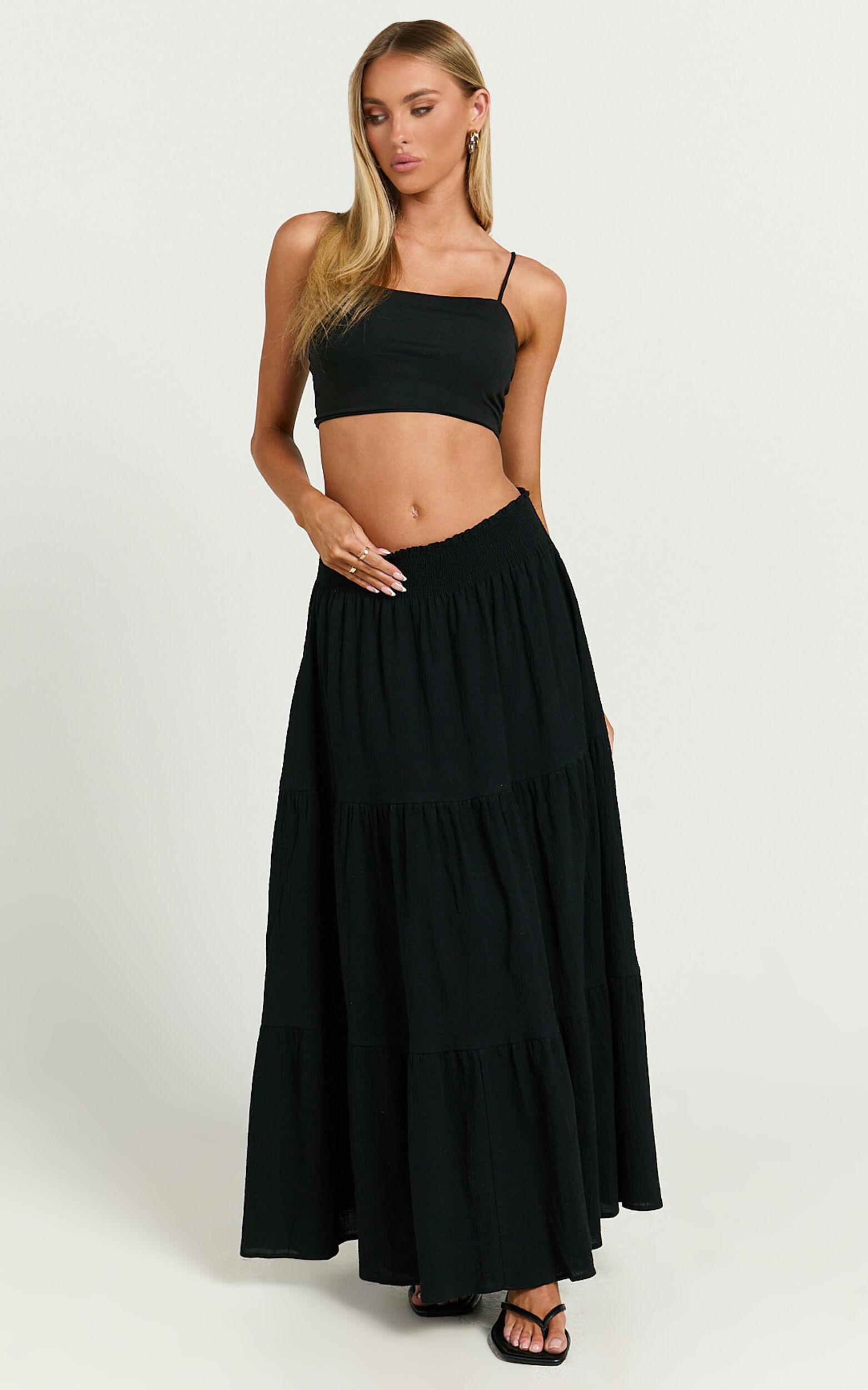 Ruby Midi Skirt - Shirred High Waist Cotton Tiered Midi Skirt in Black Product Image