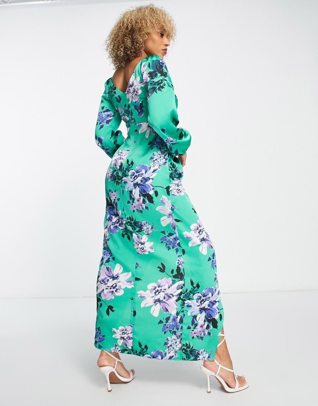 Liquorish satin wrap maxi dress with blouson sleeve in green floral print Product Image