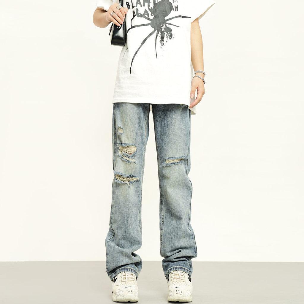 RTK (W) No. 2041 BLUE DISTRESSED RIPPED SLIM STRAIGHT DENIM JEANS Product Image