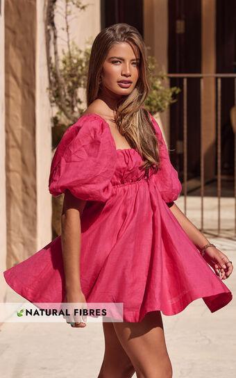 Amalie The Label - Hamyya Linen Tie Back Puff Sleeve Mini Dress in Magenta Product Image