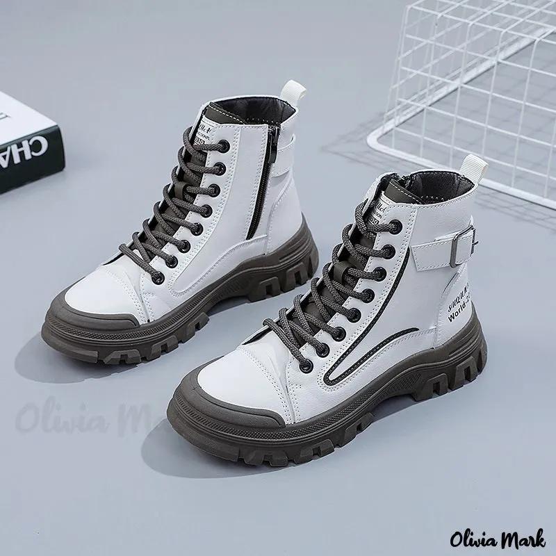 Olivia Mark – Martin Boots Retro Fashion Round Toe Thick Heel Lace-up Boots Product Image