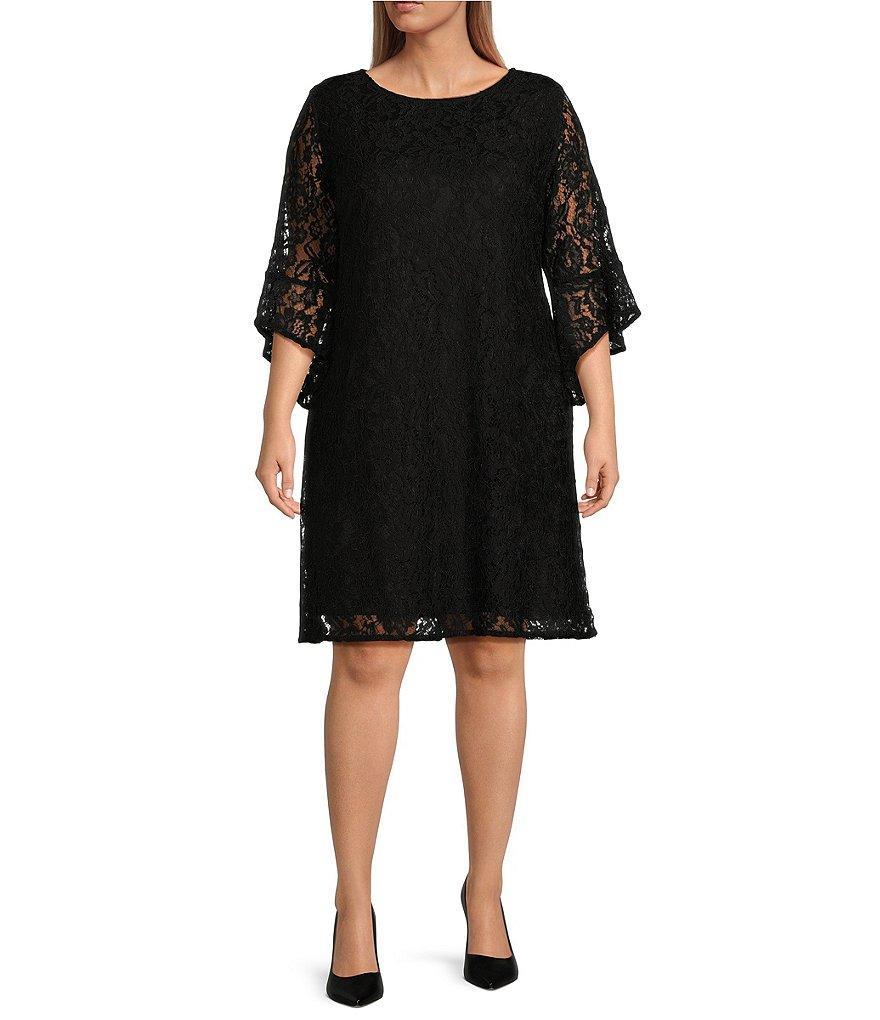 Caroline Rose Plus Size Julia Floral Lace 3/4 Ruffled Bell Sleeve Shift Dress product image