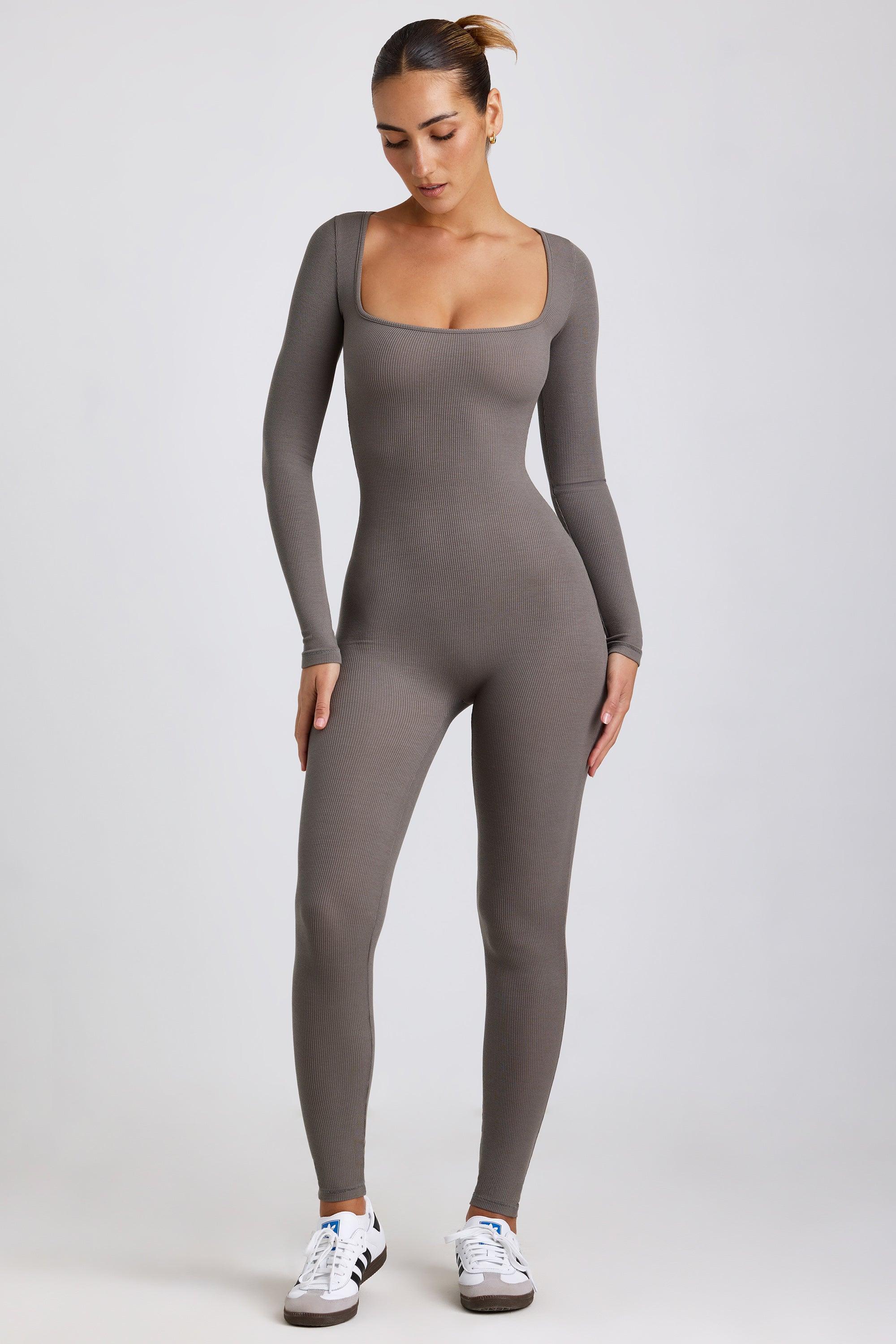 Petite Ribbed Modal Long Sleeve Jumpsuit in Grey Product Image