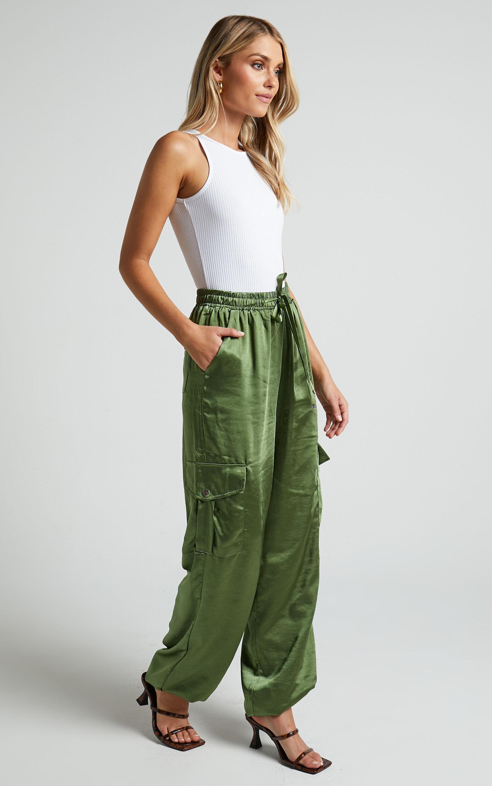 Jadeiah Pants - Mid Rise Cargo Pocket Satin Jogger Pant in Khaki Product Image