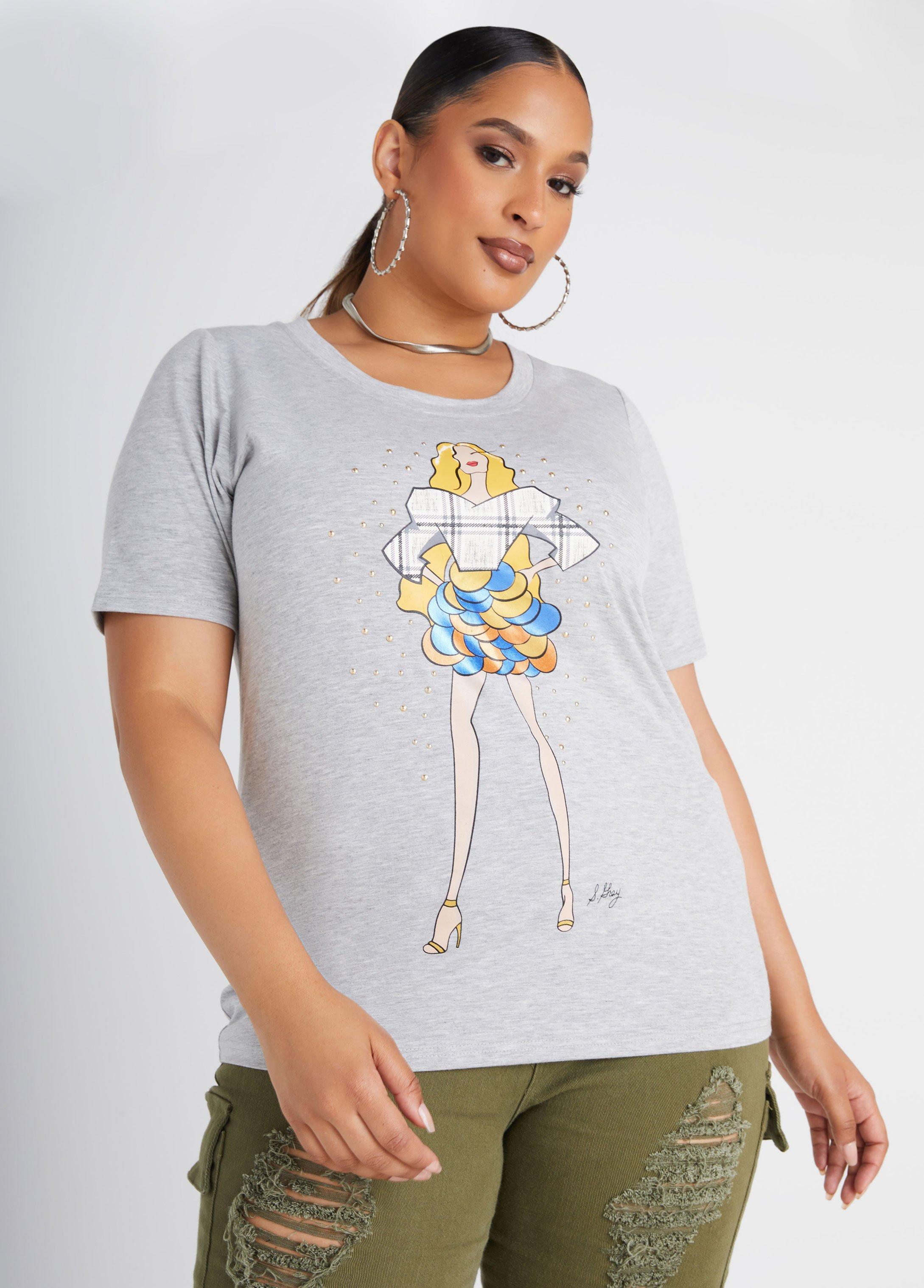 Plus Size Sheila Gray Studded Graphic Tee Ashley Stewart Product Image